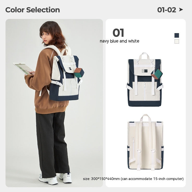 Colour-Block Polyester College and Commuter Backpack size chart showing 30 by 15 by 44 centimetres and 15-inch computer capacity