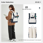 Colour-Block Polyester College and Commuter Backpack size chart showing 30 by 15 by 44 centimetres and 15-inch computer capacity