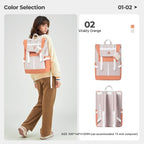 Vibrant Orange Colour-Block Polyester College and Commuter Backpack size chart showing 30 by 14 by 41 centimetres and 15-inch computer capacity