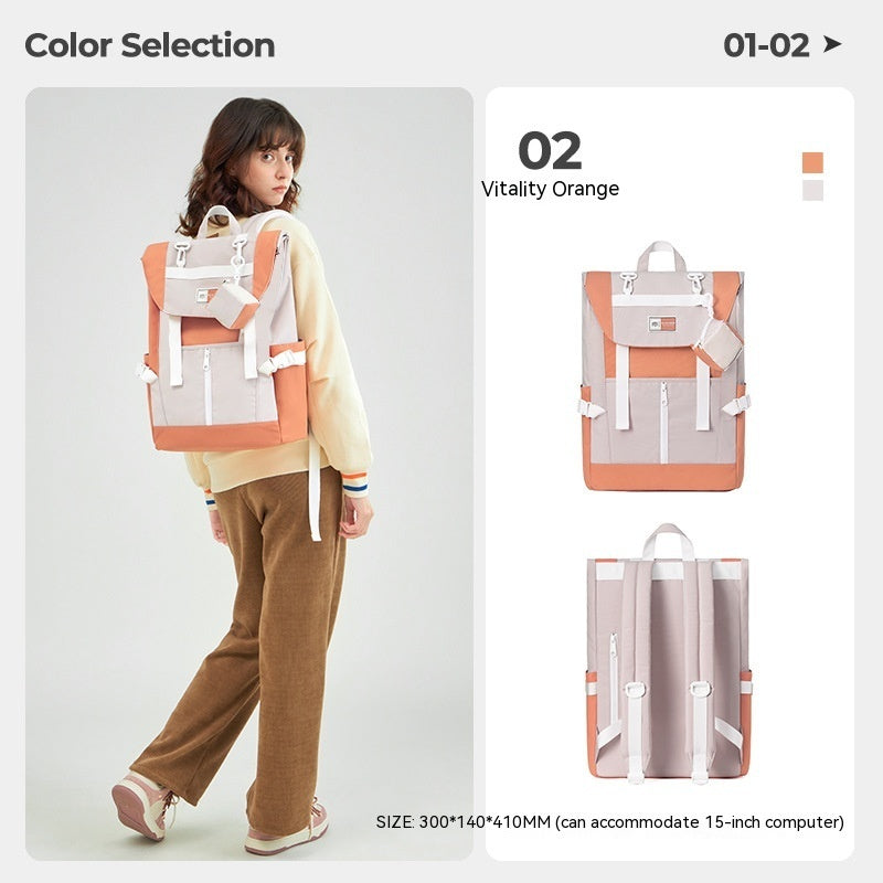 Vibrant Orange Colour-Block Polyester College and Commuter Backpack size chart showing 30 by 14 by 41 centimetres and 15-inch computer capacity