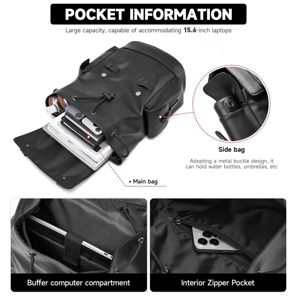 Men’s Water-Resistant PVC Drawstring Laptop Backpack – Work & Travel