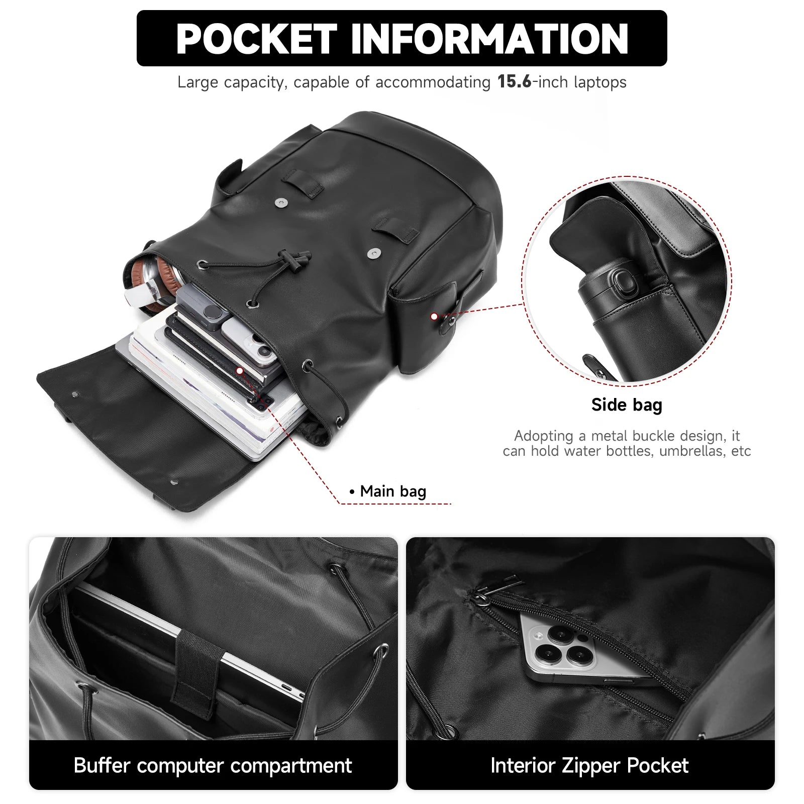Men’s Water-Resistant PVC Drawstring Laptop Backpack – Work & Travel