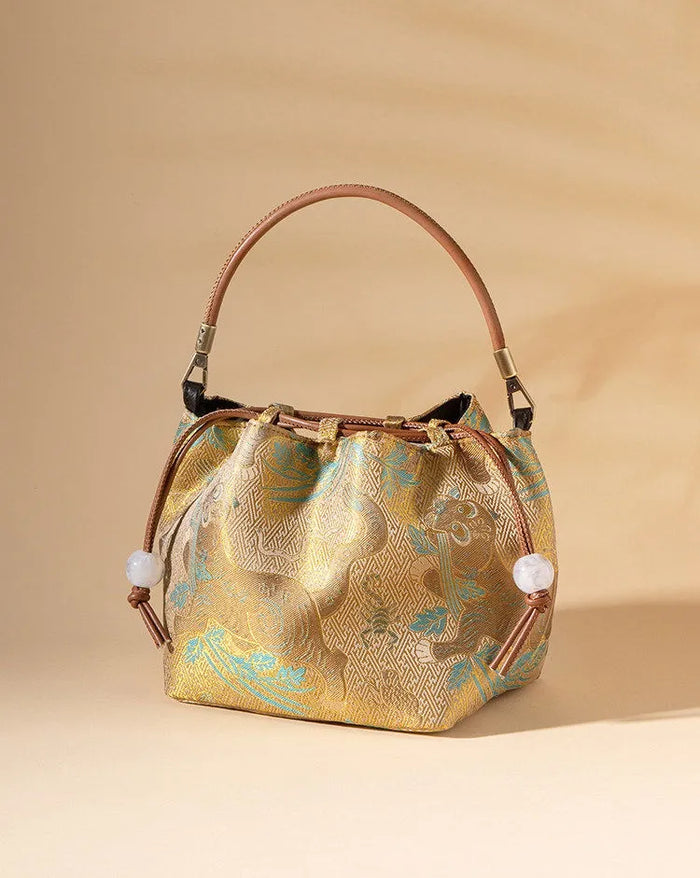 Brocade Embroidered Genuine Leather Handbag
