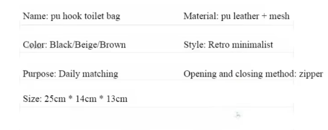 The Nomad PU Toiletry Kit specifications showing PU leather and mesh material, zipper closure, colours and 25 × 14 × 13 cm size